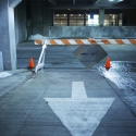 Parking garage arrow and cones
